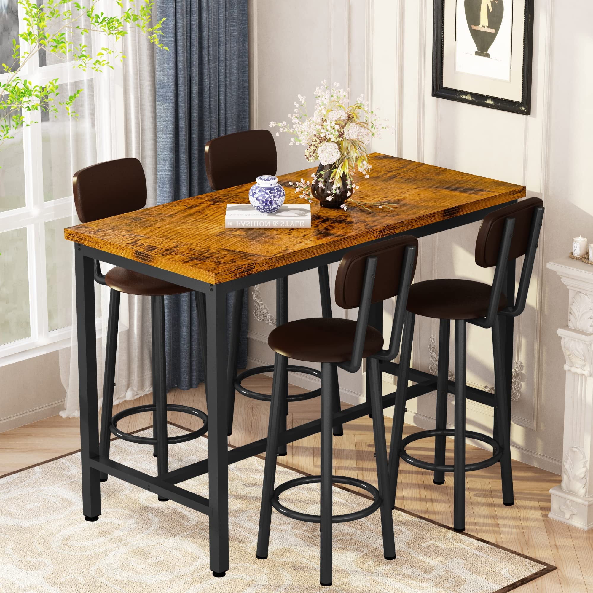 AWQM Bar Table and Chairs Set Industrial Counter Height Pub Table with 4 Chairs Bar Table Set 5 Pieces Dining Table Set Home Kitchen Breakfast Table