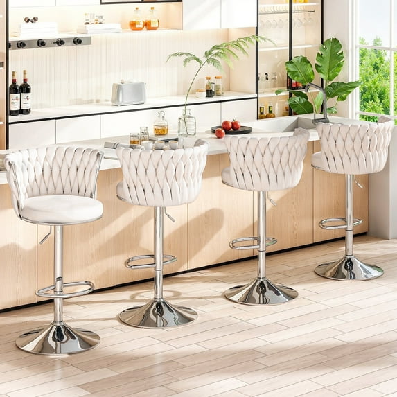 AWQM Swivel Bar Stools Set of 4, Velvet Upholstered Kitchen Island Chairs, Bar Chairs Adjustable Counter Stool, Counter Height Barstools Bar Chairs,Pub Stools with Back & Footrest, Beige