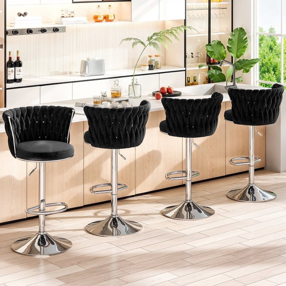 AWQM Swivel Bar Stools Set of 4, Height Adjustable Counter Stools Bar Chairs, Velvet Counter Height Bar Stools with High Back & Footrest, Kitchen Island Chairs for Pub, Dining Room, Black