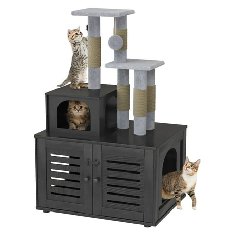 AWQM Cat Litter Box Enclosure with Cat Tree Tower and Condo, Hidden Cat Washroom Furniture with Sisal Scratching Post and Soft Plush Perch, Black