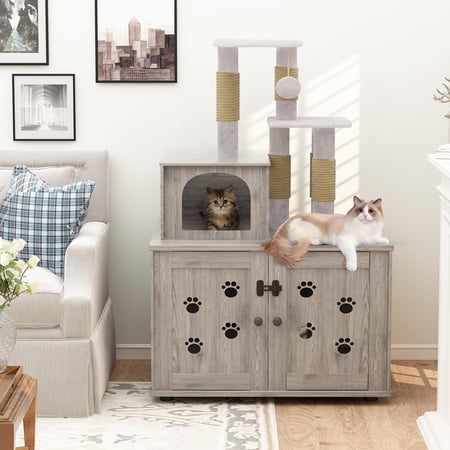 AWQM Cat Litter Box Enclosure with Cat Tree, Wooden Cat House with Tower, Scratching Post and Soft Plush Perch, Grey