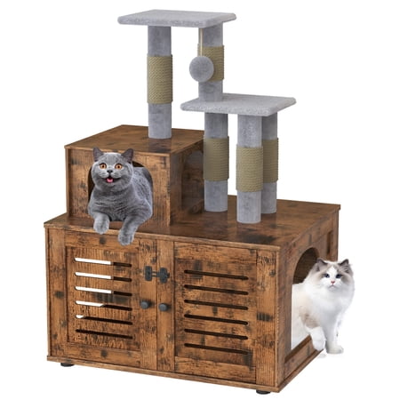 AWQM Cat Tree with Litter Box Enclosure 2 Level 42.9" with Scratching Post, Rustic Brown