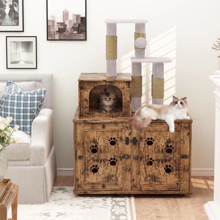 AWQM 2-Level Cat Tree with Cat Litter Box Enclosure, 42.91 in, Rustic Brown
