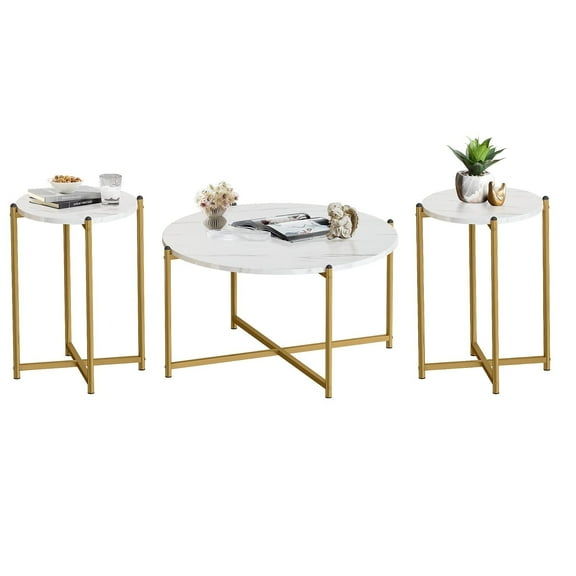 AWQM Coffee Table Set of 3, Modern Round Coffee Table & 2pcs End Table Faux Marble Tabletop with Cross Base Frame, Modern Living Room Table Sets for Apartment, Small Space