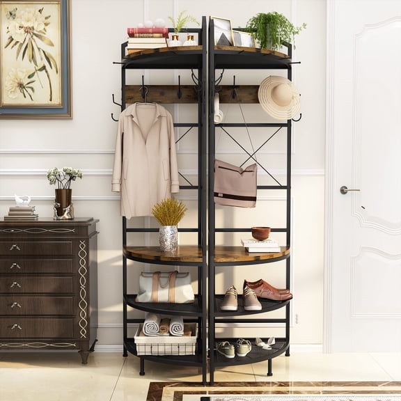 AWQM Corner Hall Tree Set of 2, Entryway Coat Rack with 6 Hooks and Storage Shelf, Rustic Brown