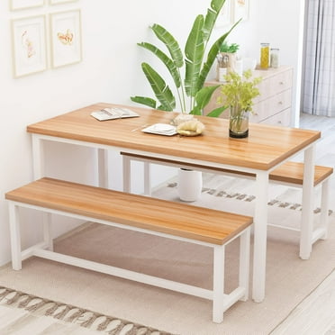 AWQM Dining Table Set with 2 Benches, Kitchen Table Set for 4,3 Piece Farmhouse Dining Room Table Set, Industrial Breakfast Nook Table Set for Small Space, Beige