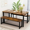thumbnail image 1 of AWQM Dining Table Set with Two Benches, Kitchen Table Set for 4-6 Persons, Kitchen Table of 43.4 x 23.7 x 28.6 Inches, Bench of 38.6 x 11.9 x 17.6 Inches Each, Rustic Brown and Black, 1 of 10