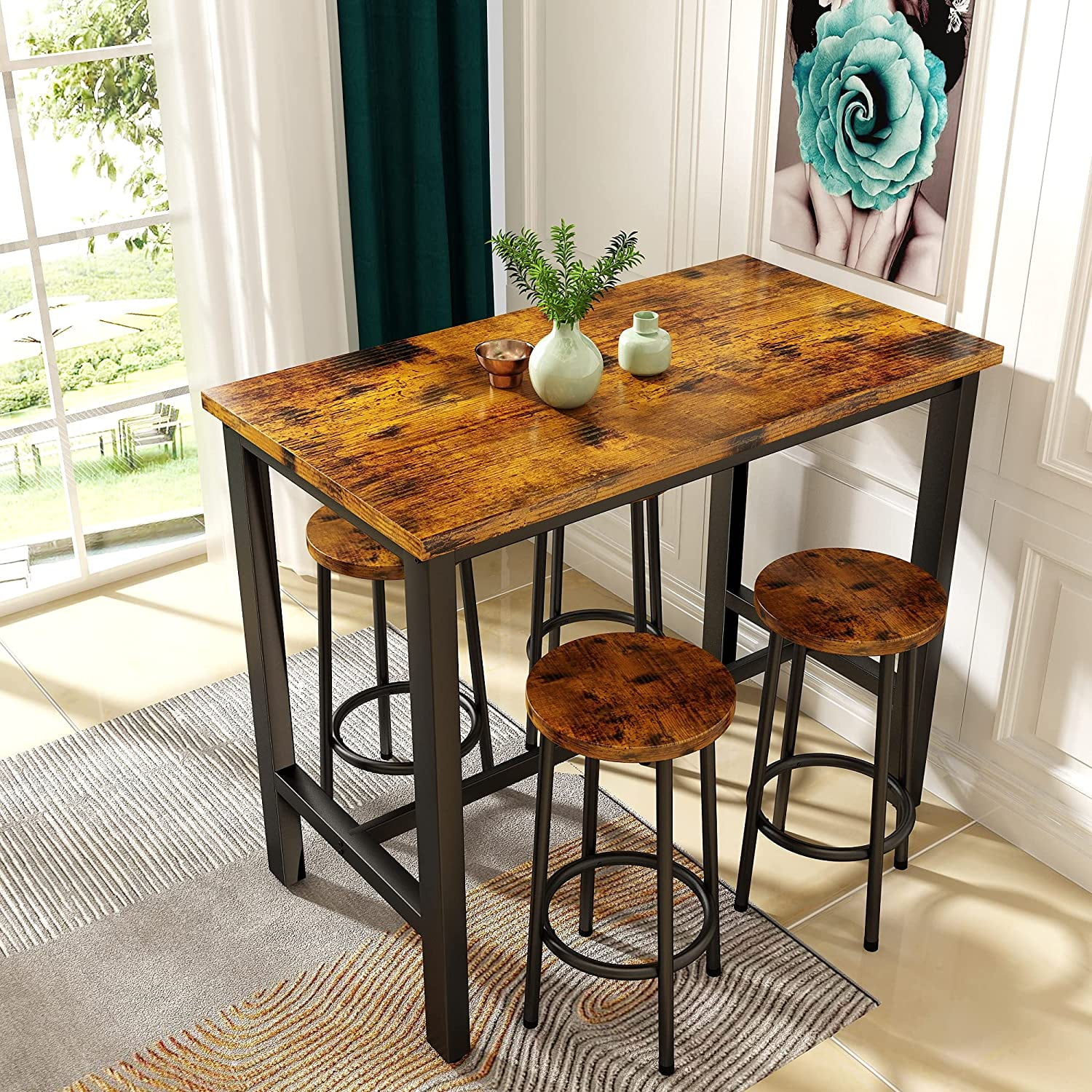 Industrial Brown MDF and Iron Pub Table Set with 4 Chairs