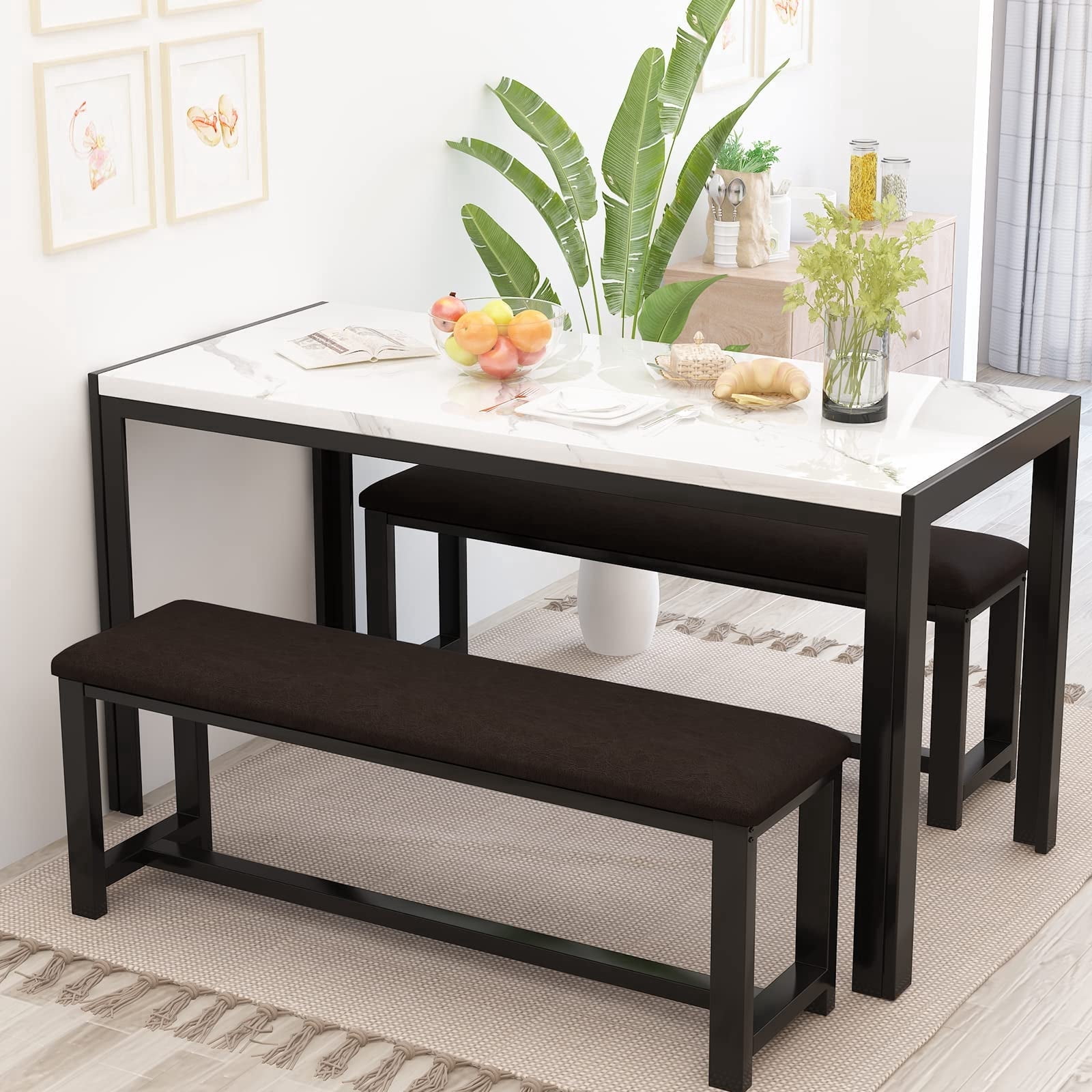 AWQM 3 Piece Dining Table Set, White Faux Marble with 2 PU Leather ...