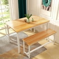 thumbnail image 1 of AWQM Dining Table Set for 4, Kitchen Table Set with 2 Benches, 47.2Inch 3-Piece Dining Room Table Set with Metal Frame and MDF Board, Sturdy Structure, Space-Saving, Oak, 1 of 14