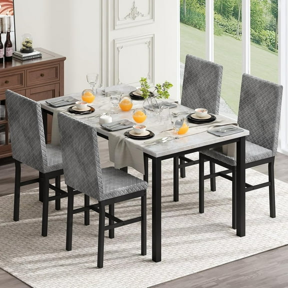 AWQM Dining Table Set for 4, Modern 5 Piece Dining Table Set, Faux Marble Kitchen Table and 4 Velvet Upholstered Chairs for Apartments, Dining Rooms, Small Spaces,beige/Gray