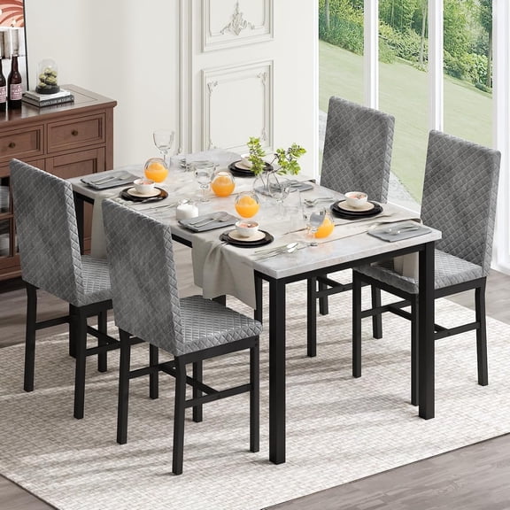 AWQM Dining Table Set for 4, Modern 5 Piece Dining Table Set, Faux Marble Kitchen Table and 4 Velvet Upholstered Chairs for Apartments, Dining Rooms, Small Spaces,beige/Gray