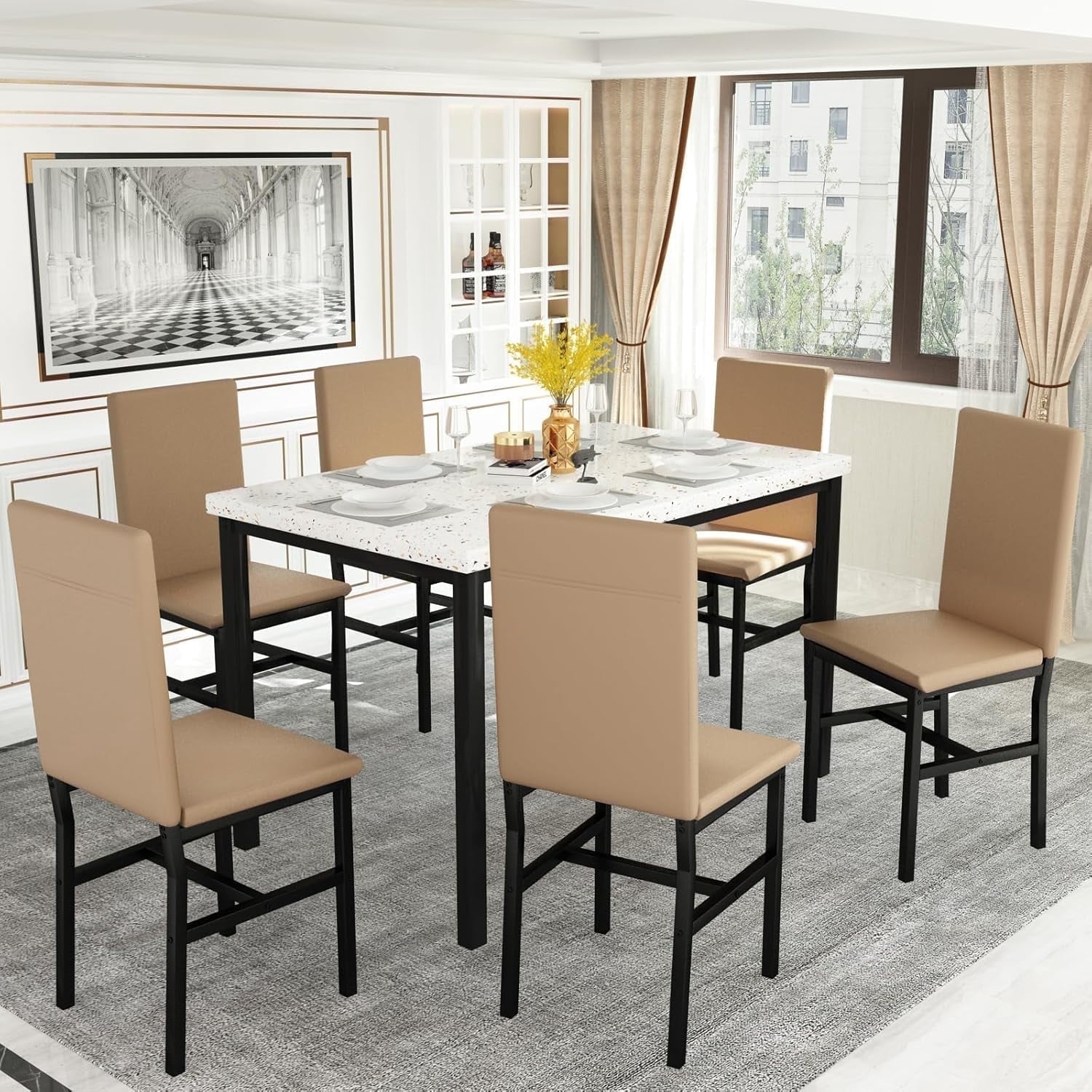 AWQM Dining Table Set for 6,Faux Marble Dining Room Table with 6 PU ...