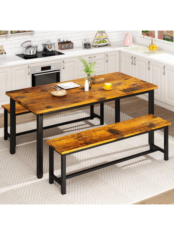 AWQM Dining Table Set with Two Benches, Kitchen Table Set for 4-6 Persons, Kitchen Table of 43.4 x 23.7 x 28.6 Inches, Bench of 38.6 x 11.9 x 17.6 Inches Each, Rustic Brown and Black