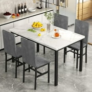 AWQM Dining Table Set for 4, 5-Piece Modern Dining Room Table Set with 4 Velvet Chairs, Marble Kitchen Table and Chairs Set, White+Grey