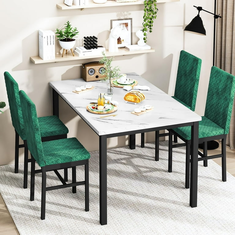 Awqm 4 Person Dining Table Set White Marble Dining Table with 4 Velvet Upholstered Chairs Space Saving Dining Table Breakfast Table Breakfast
