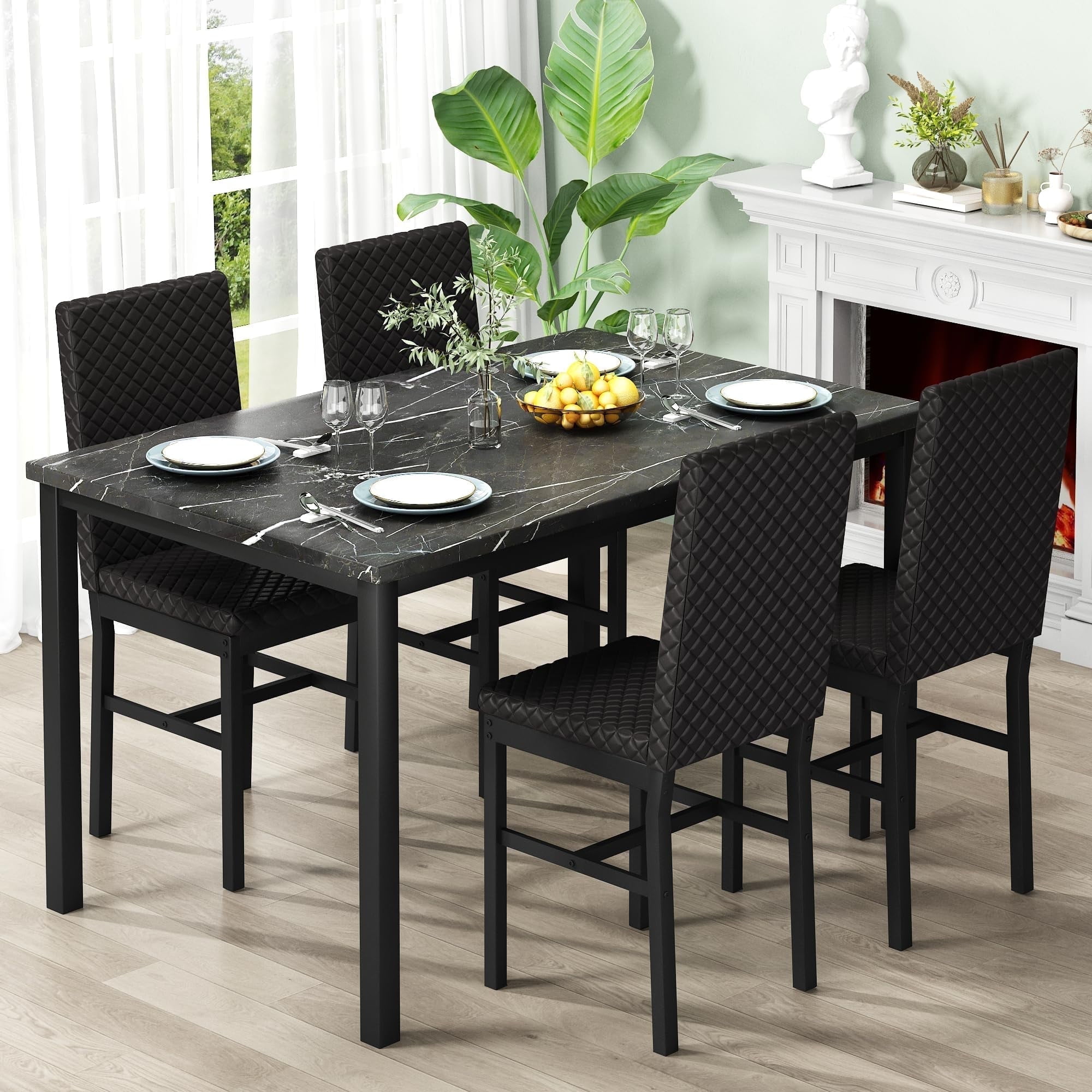 AWQM 4 Person Dining Table Set Black Marble Dining Table with 4 Velvet Upholstered Chairs Space Saving Dining Table Breakfast Table for Kitchen