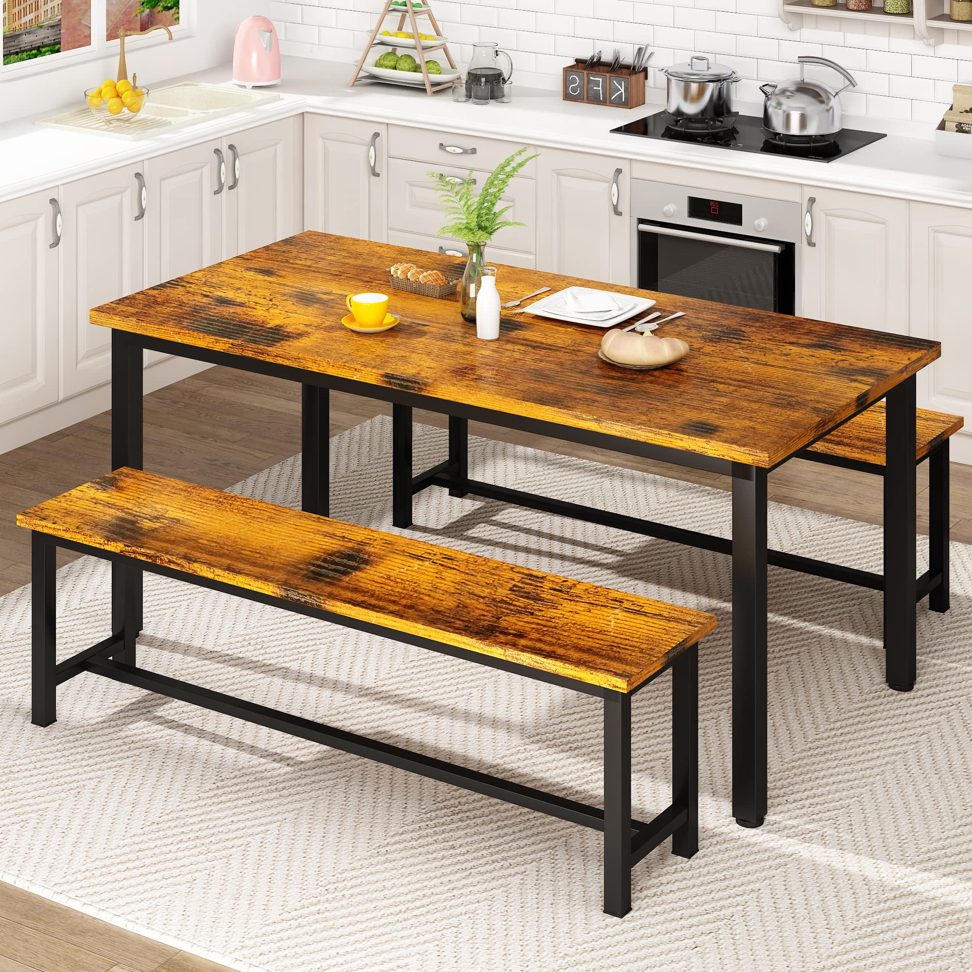 AWQM Kitchen Table And Chairs Set - Rustic Brown With Black Metal Frame (4 Chairs) - View #14