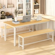 AWQM Dining Table Set with Two Benches, Kitchen Table Set for 4-6 Persons for Home, Kitchen and Dining Room,Beige