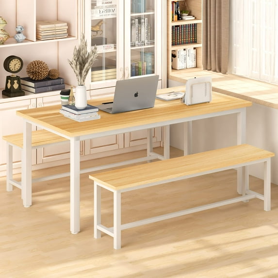 AWQM Dining Table Set with Two Benches, Kitchen Table Set for 4-6 Persons for Home, Kitchen and Dining Room,Beige