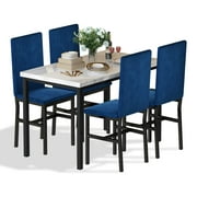 AWQM Dining Table and Chairs for 4, Faux Marble Kitchen Table Set, Modern Dining Room Set with Velvet Chairs, White+Blue