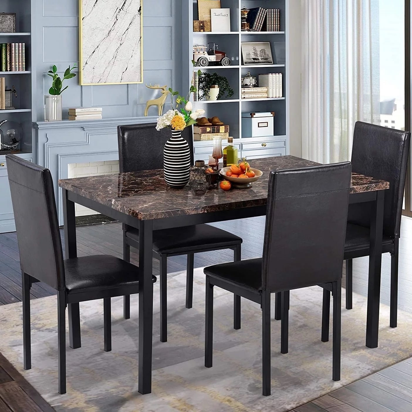 AWQM 5 Piece Dining Table Set for 4,Faux Marble Kitchen Table and Chairs for 4, Modern Dining Room Table with 4 Chairs,Dinner Table Set for Small Spaces, Brown