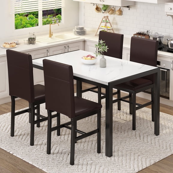 AWQM Dining table set for 4, marble kitchen table and chairs set with 4 PU leather upholstered chairs, metal frame, sturdy and durable, suitable for small spaces, kitchens, apartments, dining rooms.