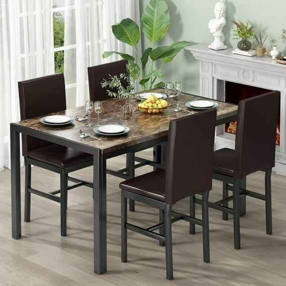 AWQM Dining table set for 4 with modern faux marble table top and 4 PU leather upholstered chairs, compact space saving dining table for apartment, kitchen, dining room, breakfast corner, brown