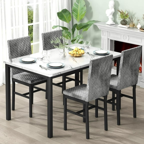 AWQM Dining table set for 4 with modern faux marble tabletop and 4 velvet upholstered chairs, compact space-saving dining table for apartments, kitchens, dining rooms, breakfast nooks, gray + white