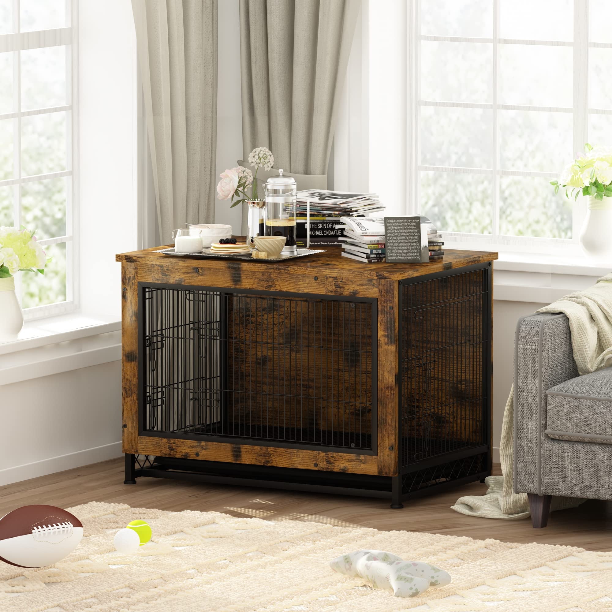 "AWQM 3-Door Dog Crate Furniture with Removable Open Top, Wooden Pet ...