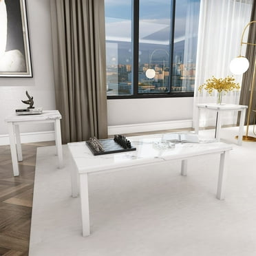 AWQM Faux Marble Coffee Table Set, Coffee and End Table Set of 3, White