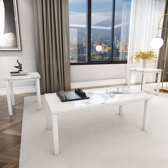 AWQM Faux Marble Coffee Table Set, Coffee and End Table Set of 3, White