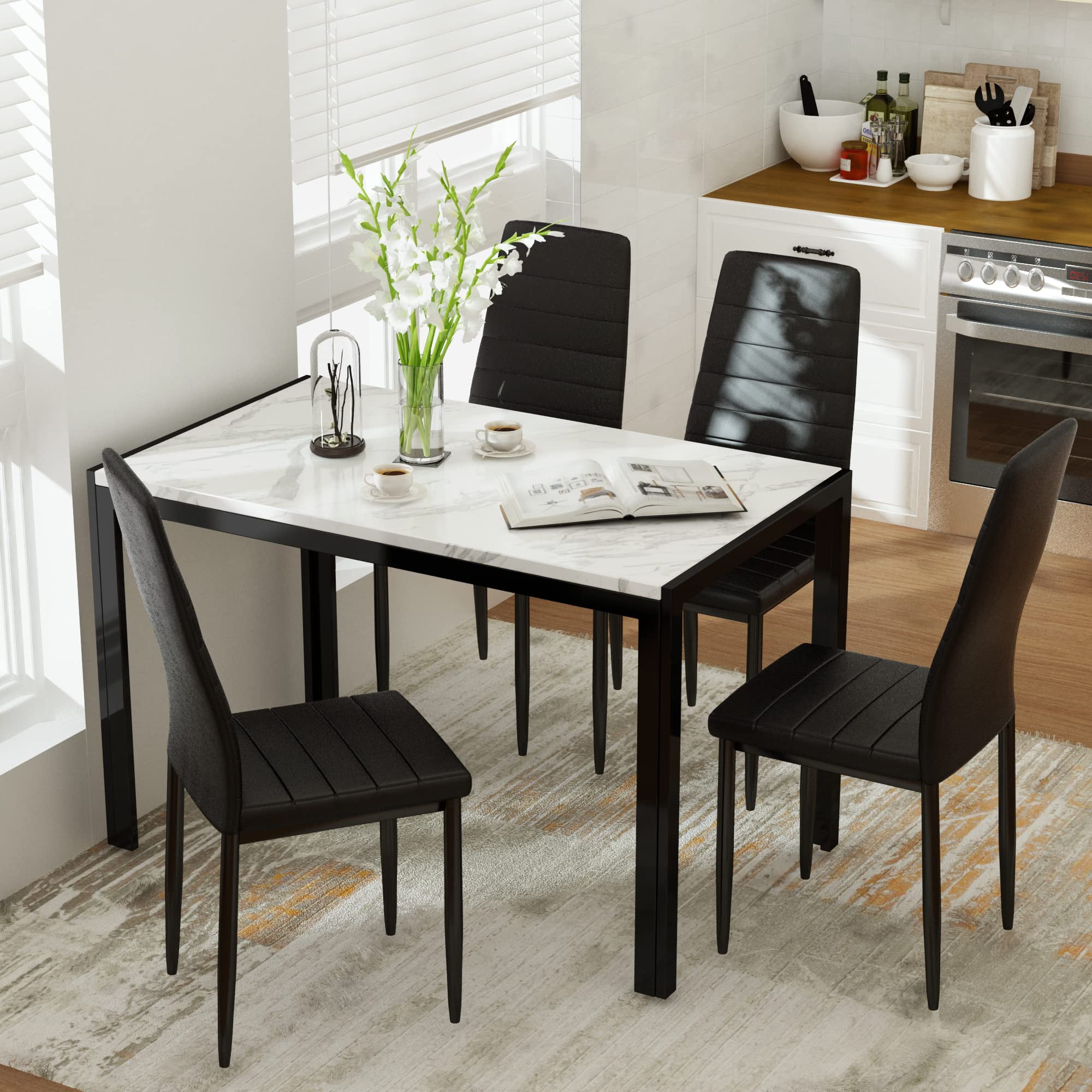 AWQM 5-Piece Faux Marble Dining Table Set, 4 PU Leather Chairs, Ideal ...