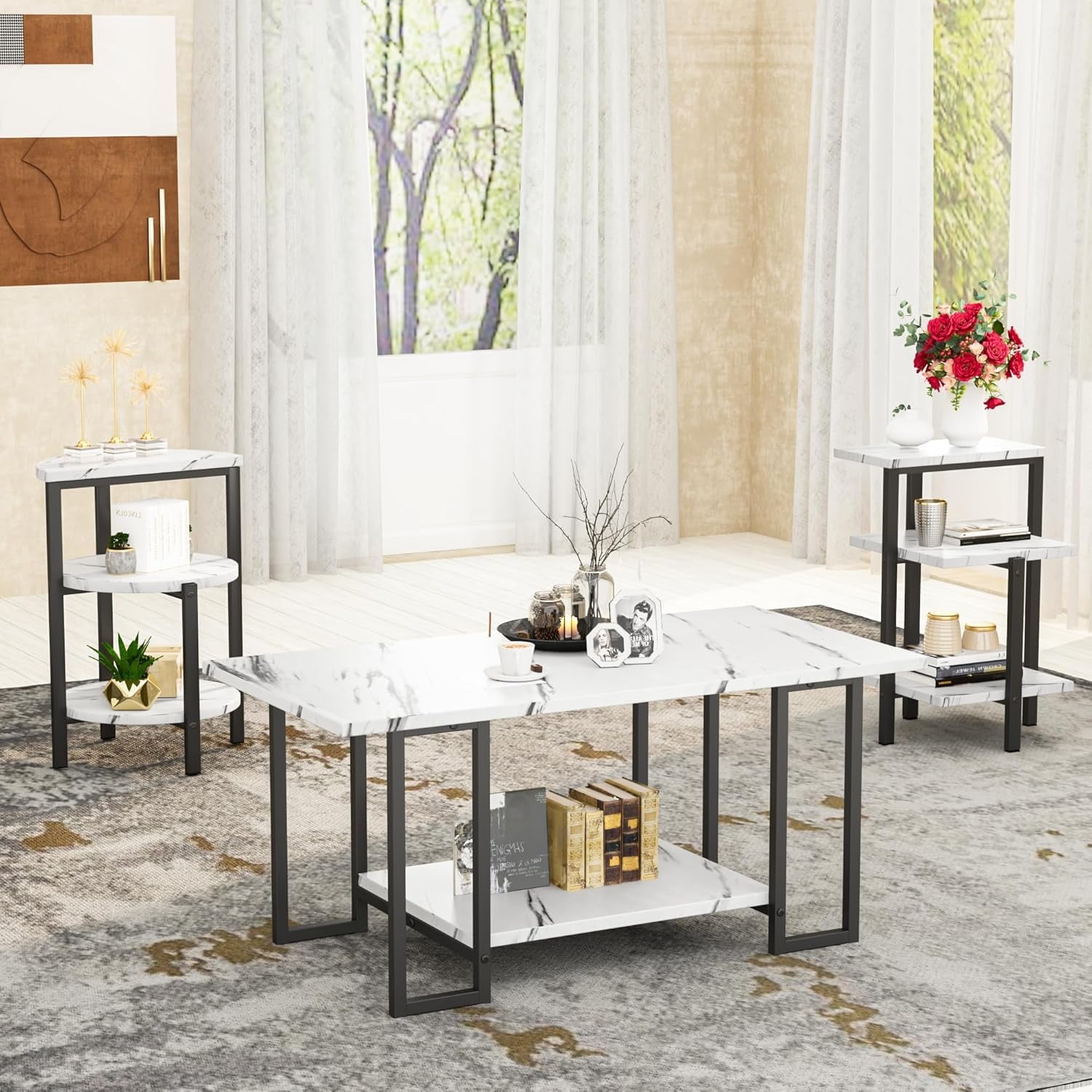 AWQM Coffee Table Set, Coffee Table and Two Side Tables, Faux Marble Top and Metal Frame, 3 Piece Coffee Table Set for Living Room Apartment, White and Black