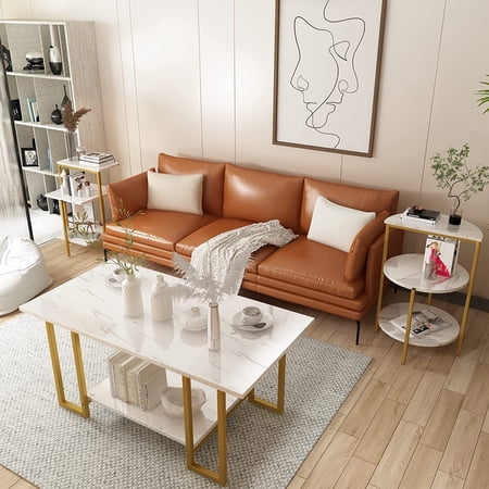AWQM Faux Marble Table Set, Coffee Table & 2 Side Table, Faux Marble Tabletop and Metal Frame, 3 Piece Table Sets, for Living Room Apartment, White & Gold