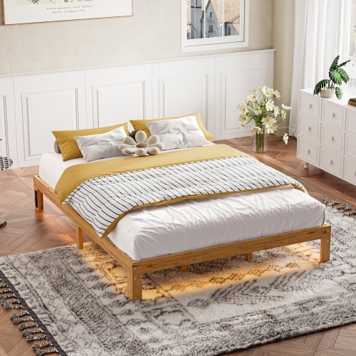 AWQM Full Size Wooden Platform Bed Frame, 82*62 Inch Solid Wood Queen Bed Frame with Slat Support, No Mattress Required, Easy to Assemble - Natural Pine Wood