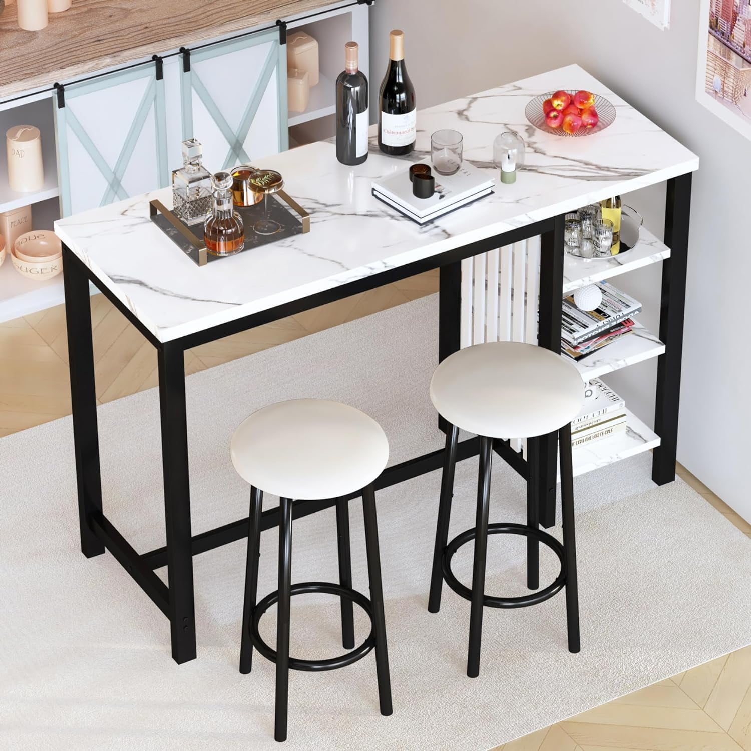 AWQM Home Bar Table Set of 2, 47" White Faux Marble Dining Set with ...