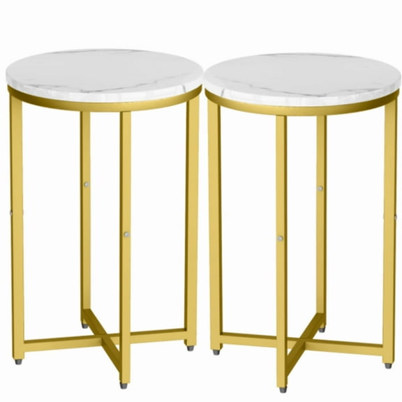 AWQM Indoor Contemporary Multifunction Metal Circle End Table, White and Gold (Set of 2)