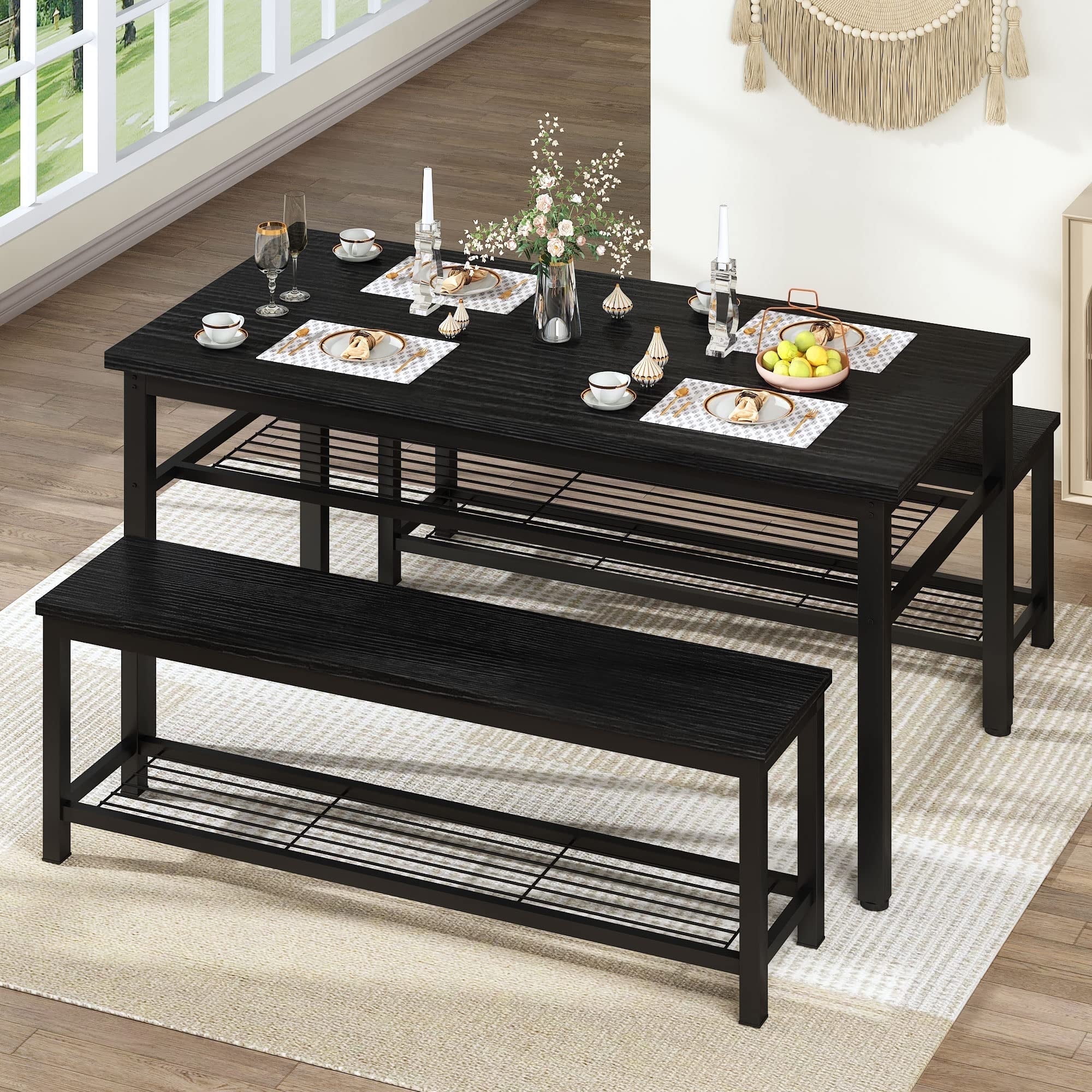 AWQM Industrial Kitchen Table Set with 3 Piece Dining Table and Bench ...