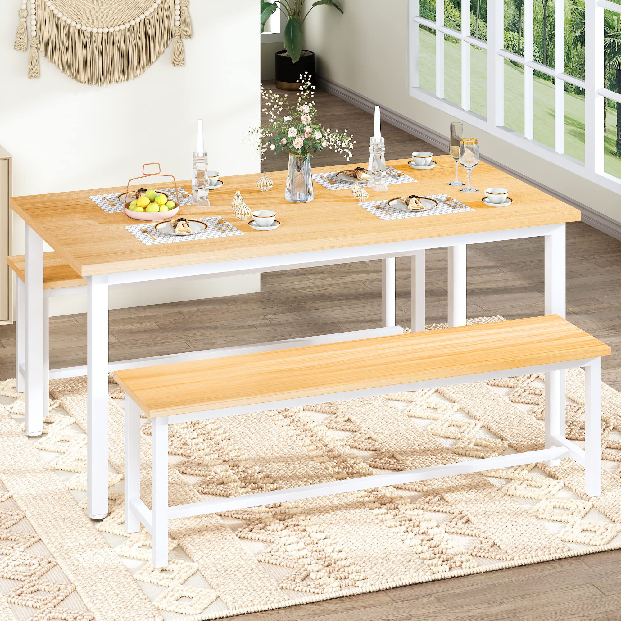 AWQM Kitchen Table Set with 2 Benches 4 Person Dining Room Table