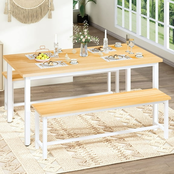 AWQM Kitchen Table Set with 2 Benches 4 Person Dining Room Table Set for Home Kitchen, Dining Room, Restaurant, Space Saving, Beige