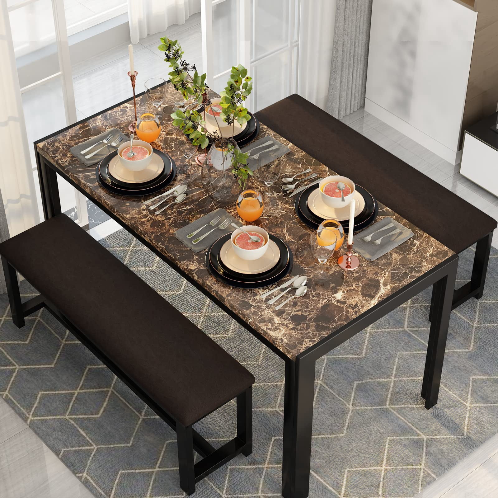 AWQM Kitchen Table Set with 2 Benches, Faux Marble Dining Table and PU ...
