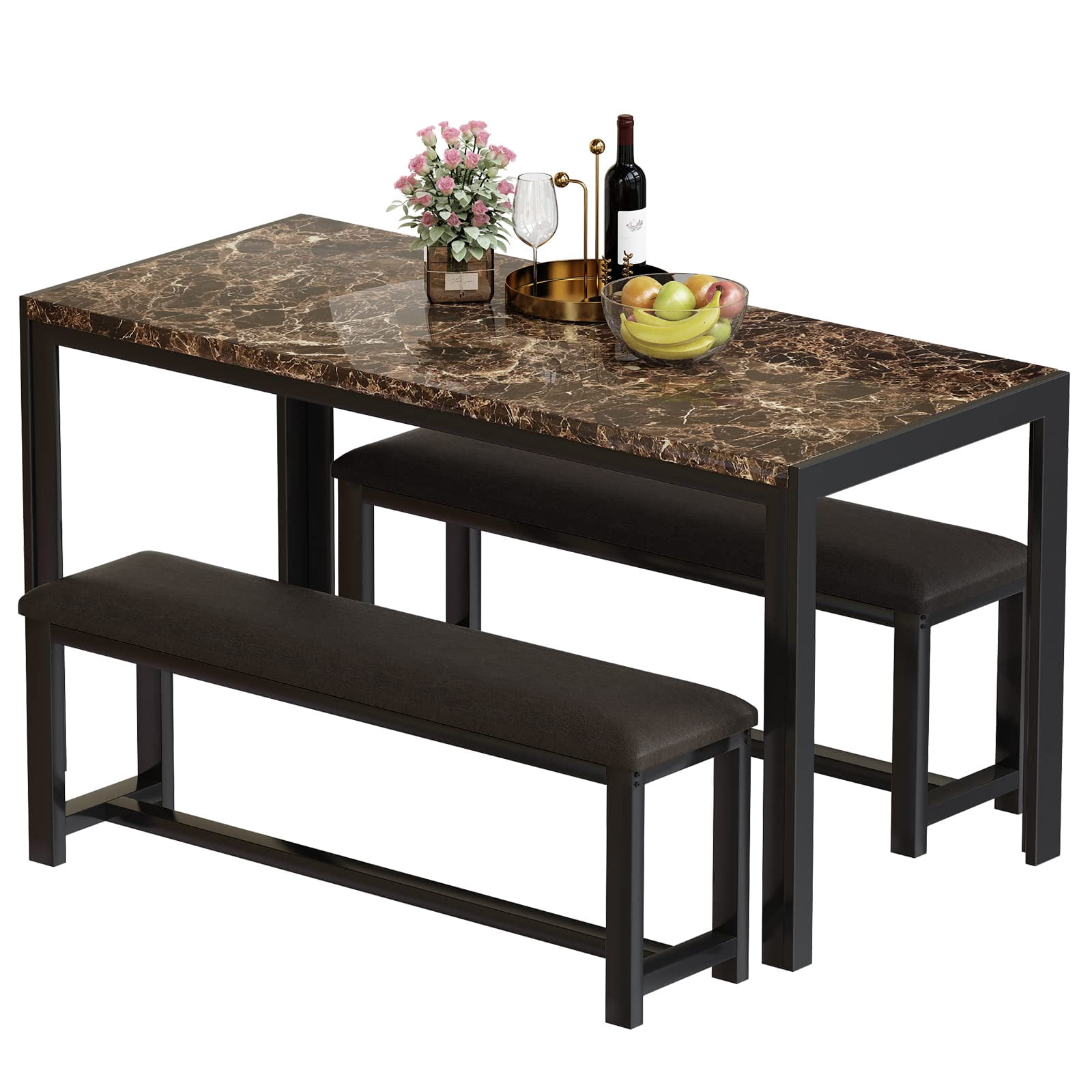 AWQM Kitchen Table Set with 2 Benches, Faux Marble Dining Table and PU ...