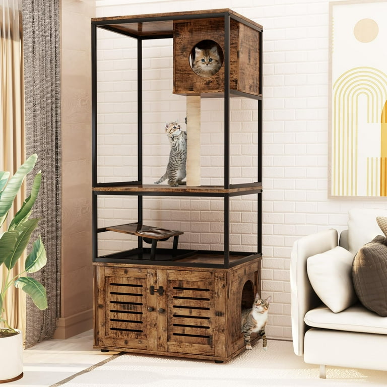 AWQM Large Cat Litter Box Furniture Cat Tree Tower with Scratching Post Condo Play Area Rustic Brown Walmart