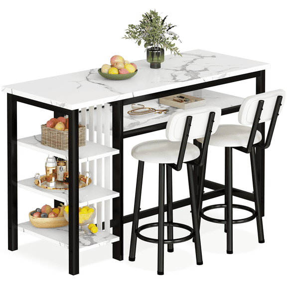 AWQM Marble Bar Table Set, 3 Pieces Kitchen Table Set, Bar Counter Height Table with 2 PU Upholstered Stools, Dining Table Set with 4 Storage Shelves, Pub Table for Small Space, White+Black