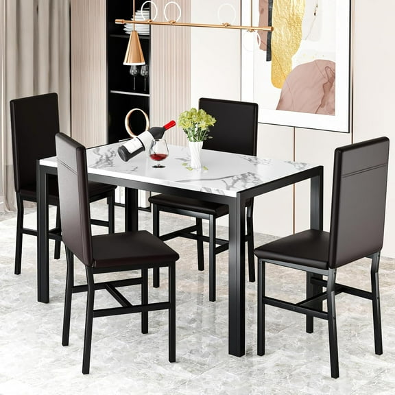 AWQM Marble Kitchen Dining Table Set, Dining Table Set for 4 with 4 PU Leather Upholstered Chairs, Metal Frame, Small Space Dining Table Set for Apartment, Kitchen, Dining Room, White/Brown