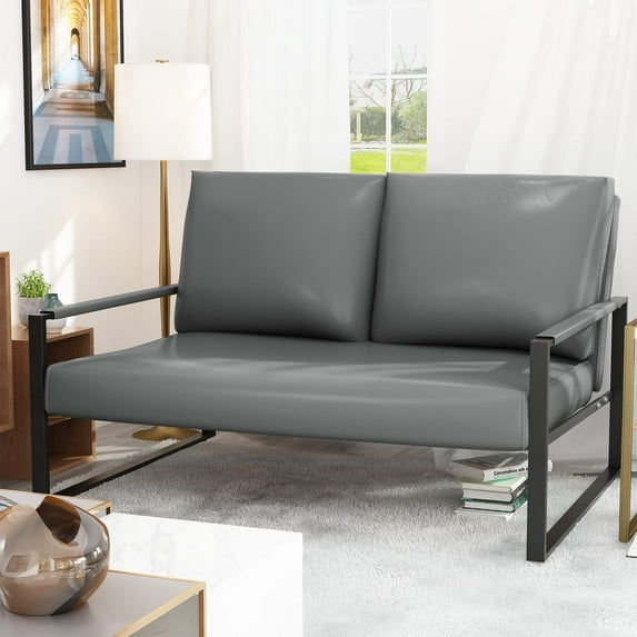 AWQM Mid-Century Loveseat Sofa, Faux Leather Loveseat 2-Seat Sofa Couch Metal Accent Chair with Extra-Thick Padded Seat & Backrest Love Seat for Living Room, Small Spaces, Grey