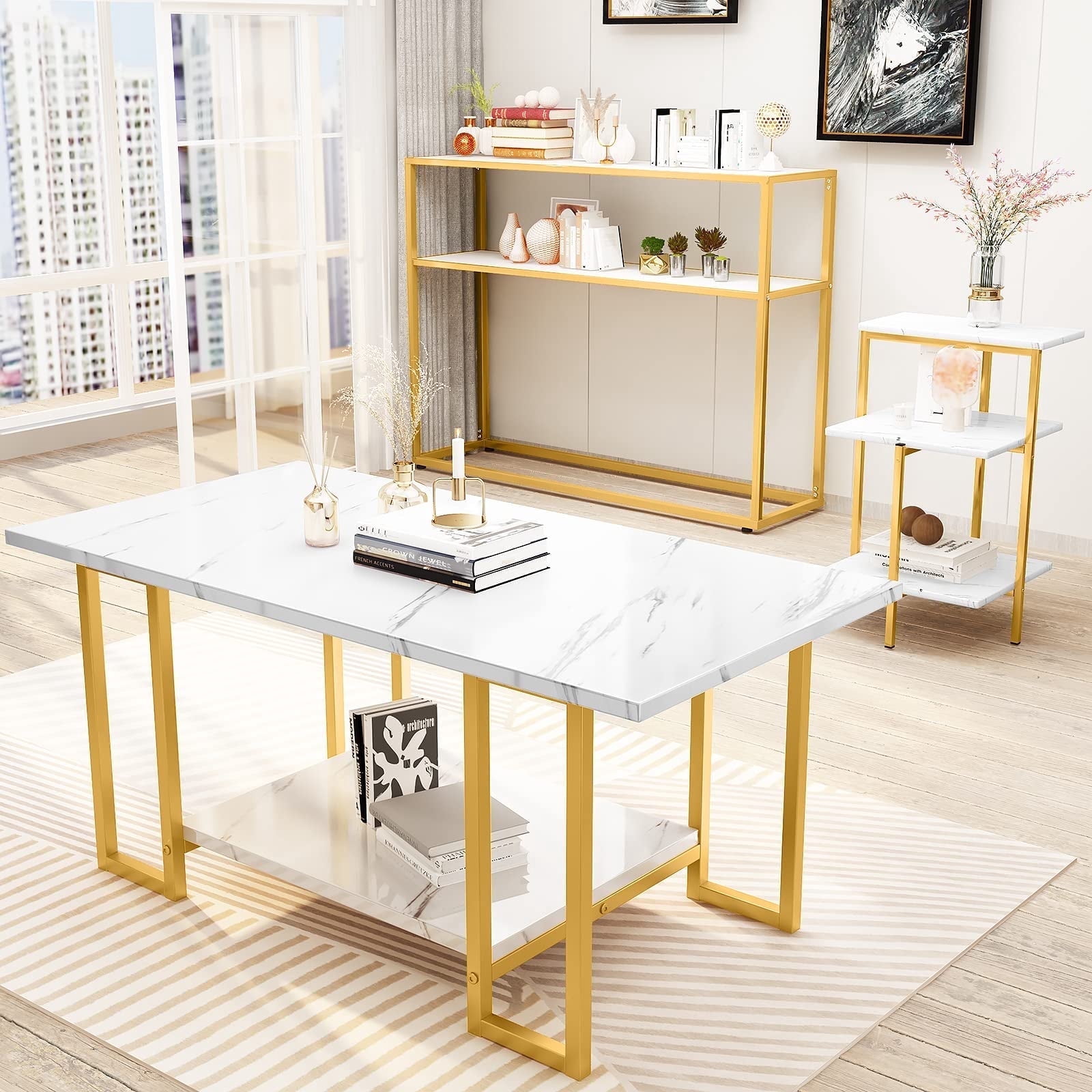 AWQM Modern 2 Tiers 3 Pieces Accent Coffee Table Set, Gold/White