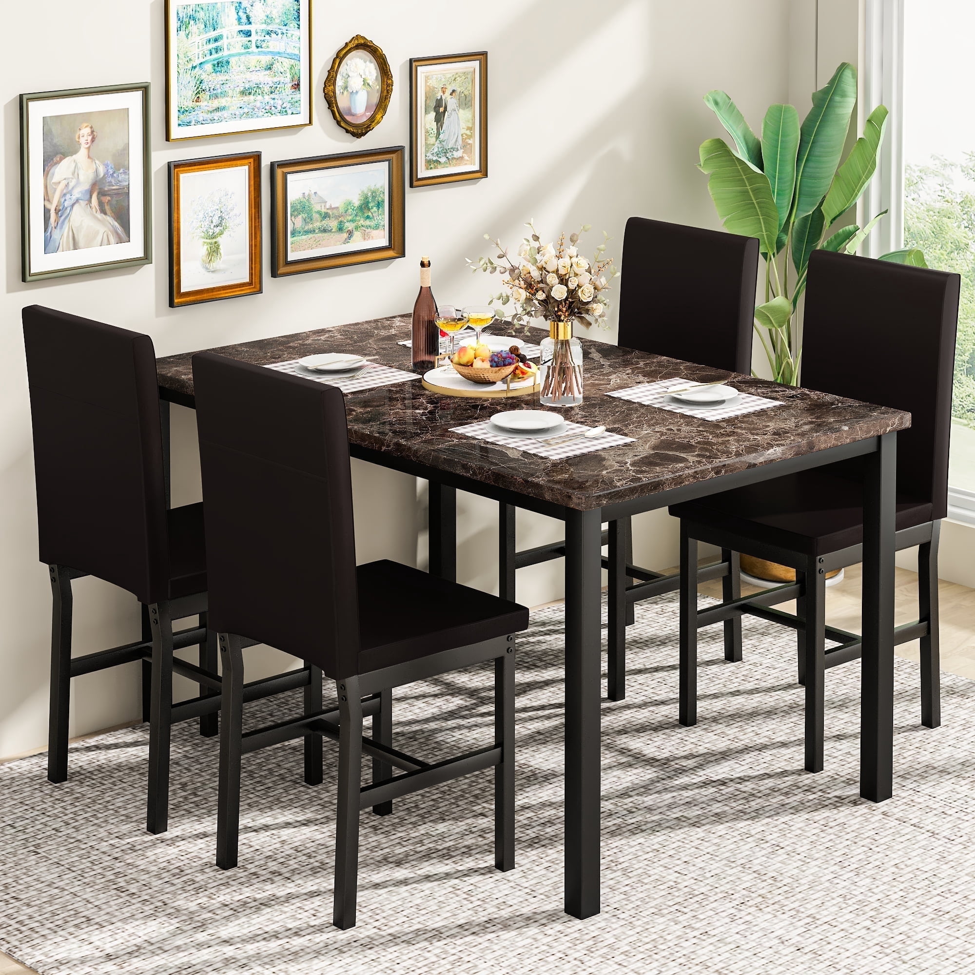 AWQM Modern 5-Piece Dining Table Set, Artificial Marble Dining Table With 4 Chairs in PU leather for Kitchen and Living room, Small Kitchen Table, Kitchen Table Set, Brown