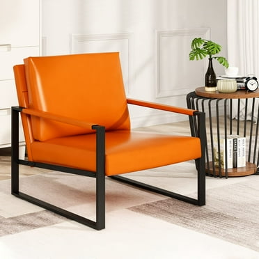 AWQM Modern PU Leather Accent Chair, Modern Arm Chairs with Extra-Thick Padded Backrest, Leisure Cushion Sofa Chair with Metal Frame for Living Room Bedroom, Non-Slip Adsorption Feet, Orange